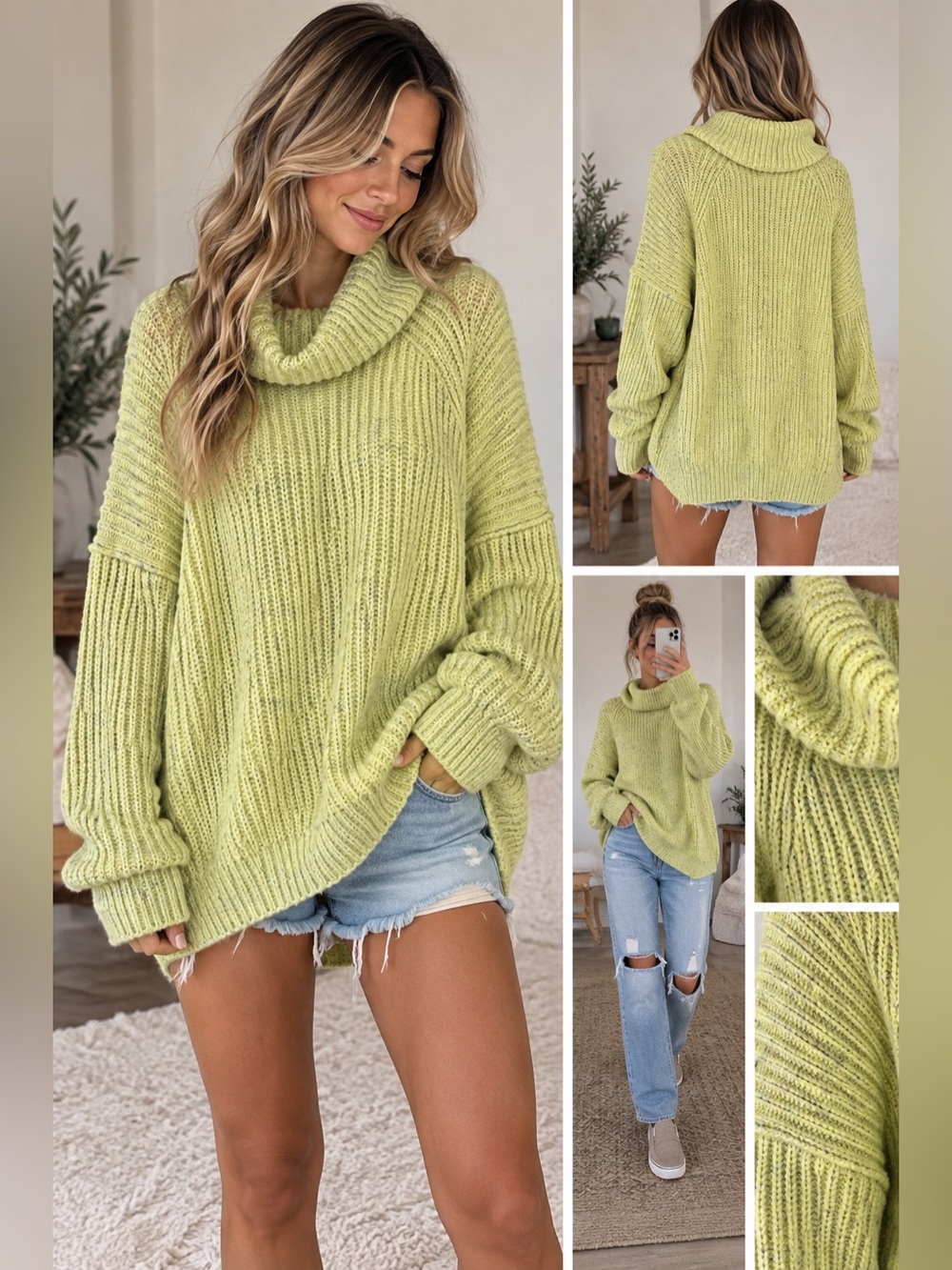 Free People Oversized Cowl Neck Sweater - Light Lime